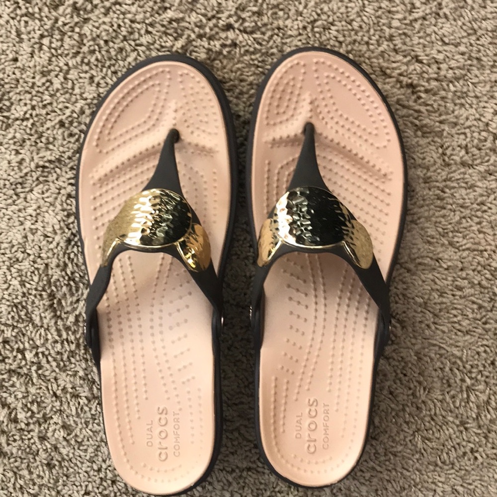 Women’s brown croc sandals with gold rings